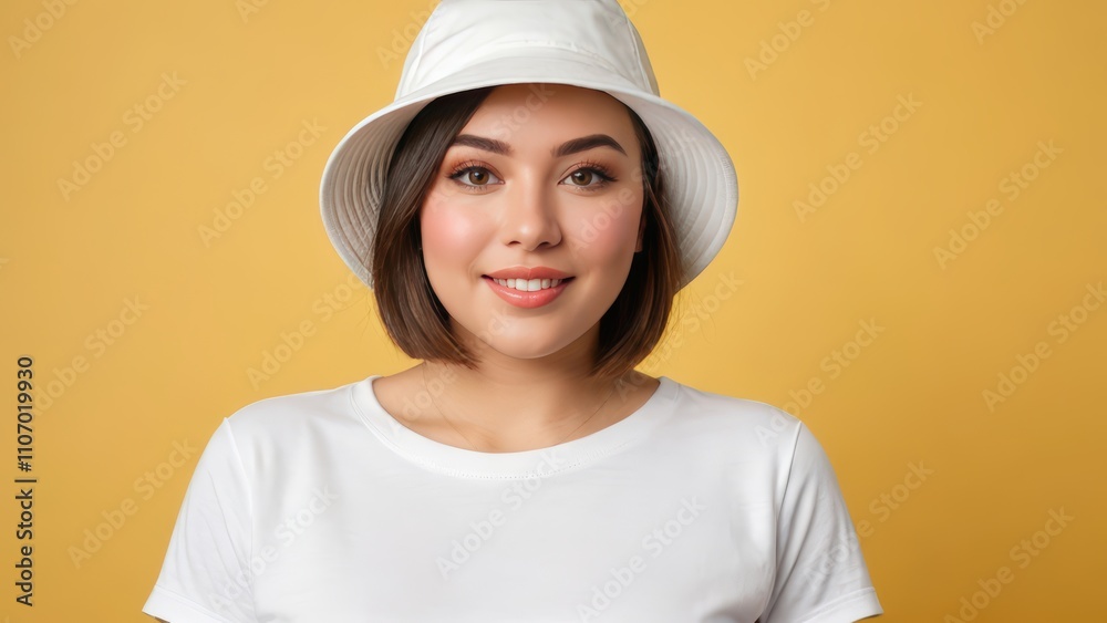 Plus size young woman with short hair wearing white t-shirt and white bucket hat isolated on yellow background Plus size young woman with short hair wearing white t-shirt and white bucket hat isolated on yellow background