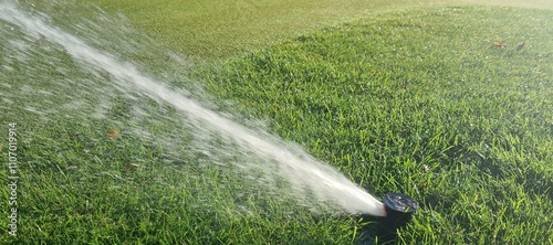 Automatic sprinkler system for watering lawn on background of green grass closeup photo