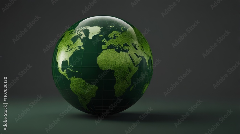 A glossy green globe displaying a map of the world, symbolizing environmental awareness and sustainability, set against a dark background for emphasis A glossy green globe displaying a map of the world, symbolizing environmental awareness and sustainability, set against a dark background for emphasis