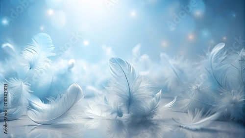 Ethereal Light Blue Feathers on Reflective Surface, Soft Focus and Gentle Bokeh