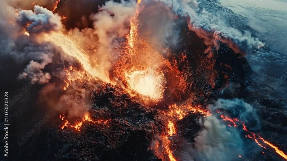 Active volcano with flowing lava and smoke captured in a dramatic top-down cinematic view Active volcano with flowing lava and smoke captured in a dramatic top-down cinematic view