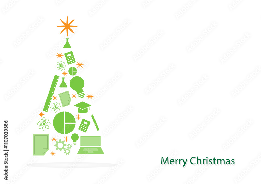 The green icon education of Christmas tree with a yellow star on top isolated on white background.