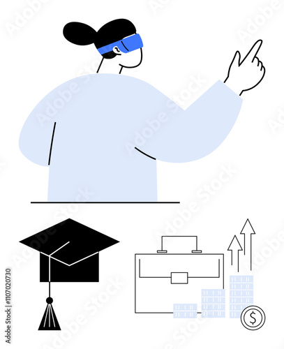 Woman interacting with virtual reality headset, pointing forward. Additional elements include a graduation cap, briefcase, and financial growth arrows and coins. Ideal for education, career