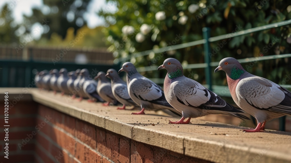 Fototapeta premium Row of pigeons perched on a brick wall.