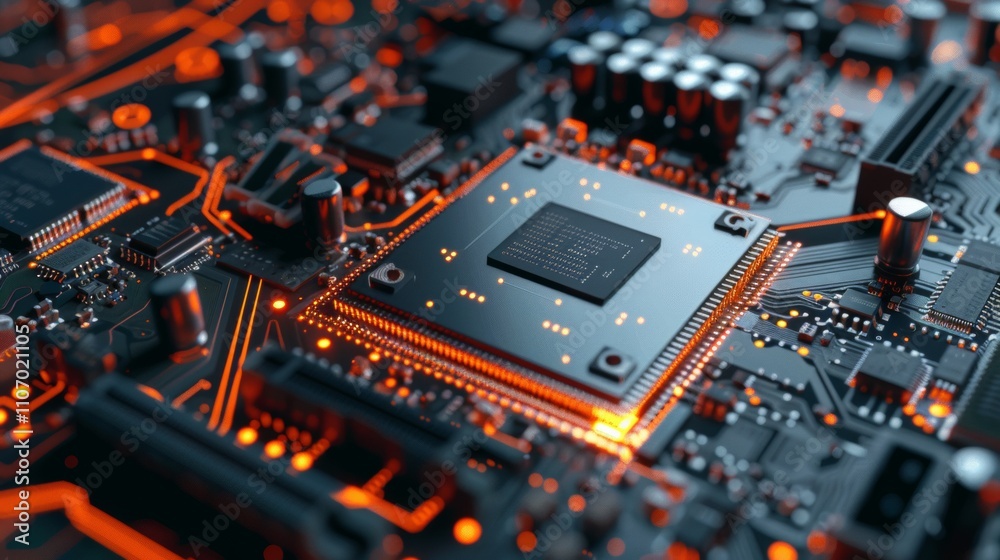 Closeup of Illuminated Computer Motherboard Circuitry: A Detailed View of Modern Technological Components Closeup of Illuminated Computer Motherboard Circuitry: A Detailed View of Modern Technological Components