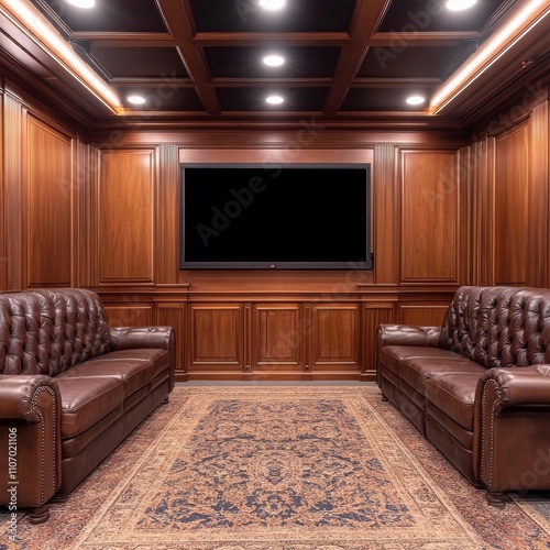 Luxurious home theater with wooden paneling, leather sofas, and oriental rug.