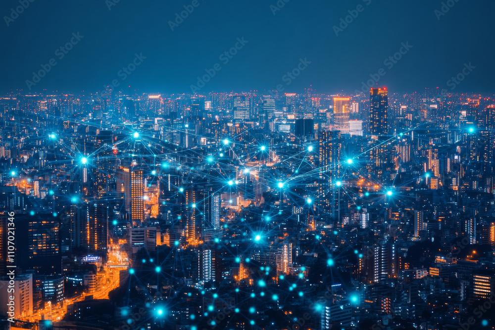 Aerial view of a glowing cityscape at night, with abstract neon lines and nodes connecting the rooftops, evoking futuristic urban life. Aerial view of a glowing cityscape at night, with abstract neon lines and nodes connecting the rooftops, evoking futuristic urban life.