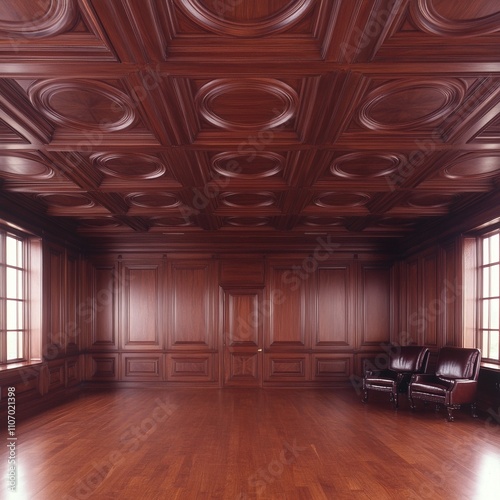 Luxurious room with dark wood paneling, coffered ceiling, and hardwood floor. Two leather chairs are placed near a window.