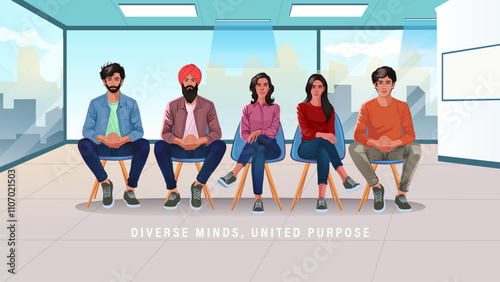 Corporate Team Illustration – Modern Office Environment with Diverse Professionals – Perfect for Business and Workplace Themes