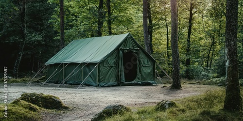 A large green tent used by the military, surrounded by trees in a remote area.