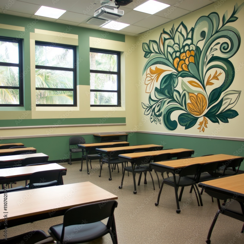 Fototapeta premium Modern classroom interior with floral wall art, desks, and chairs.
