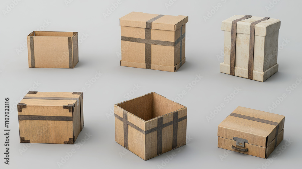 Cardboard boxes mockup, 3d vector cargo and parcel packages top, front and bottom view with tape and paper labels. Realistic carton closed packaging for goods, isolated packs for freight shipping Cardboard boxes mockup, 3d vector cargo and parcel packages top, front and bottom view with tape and paper labels. Realistic carton closed packaging for goods, isolated packs for freight shipping