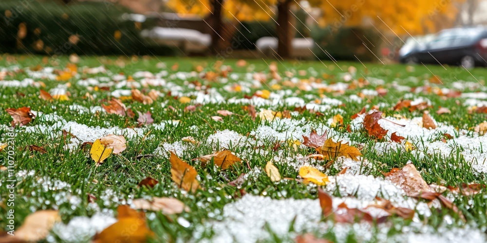 A lawn covered in hailstones of various sizes, with scattered leaves and debris from the storm. A lawn covered in hailstones of various sizes, with scattered leaves and debris from the storm.