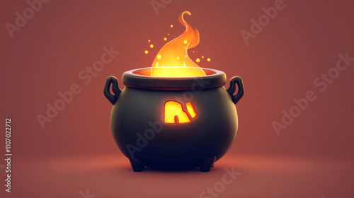 3d magic icon for halloween with witch cauldron and cute potion flask for game. Wizard pot for magician spell. Spooky ancient fantasy objects for party decoration. Boiling sorcerer caldron item