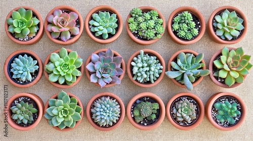 Assorted Succulents in Terracotta Pots Arranged on Natural Surface