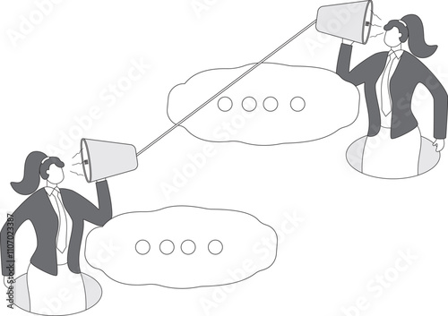 Two women talking on paper cup and string phone