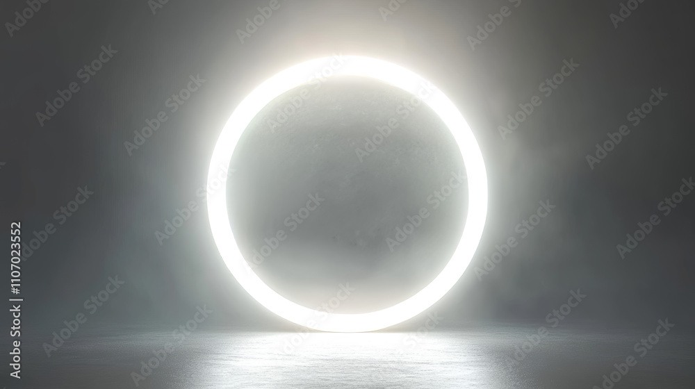 White round light effect on gray background. Vector realistic illustration of abstract glowing frame with neon rings, magic energy portal with hole at bottom, sun eclipse, futuristic backdrop design White round light effect on gray background. Vector realistic illustration of abstract glowing frame with neon rings, magic energy portal with hole at bottom, sun eclipse, futuristic backdrop design
