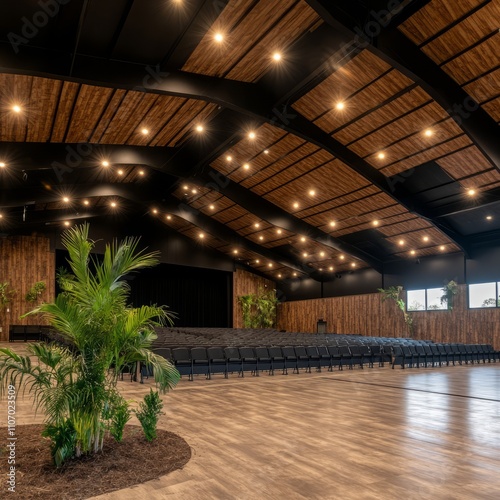 Modern event hall interior with wooden ceiling, dark walls, and rows of chairs.