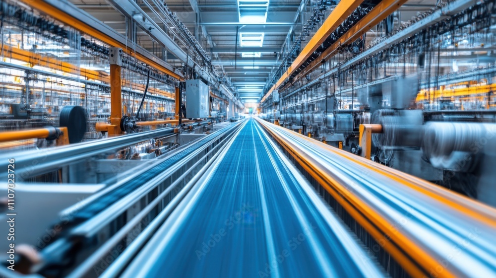 Obraz premium A dynamic view of an industrial assembly line, showcasing machinery and conveyor belts in a modern manufacturing facility.