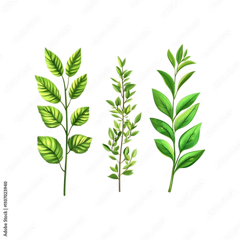 Obraz premium Cartoon green leaf branches isolated transparent background floral illustration design element