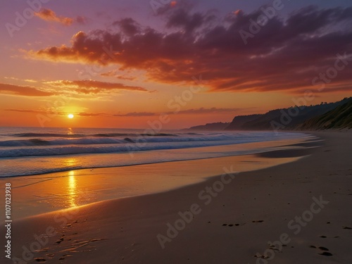 A picturesque sunset painting featuring the ocean, with warm colors creating a peaceful and inviting atmosphere.