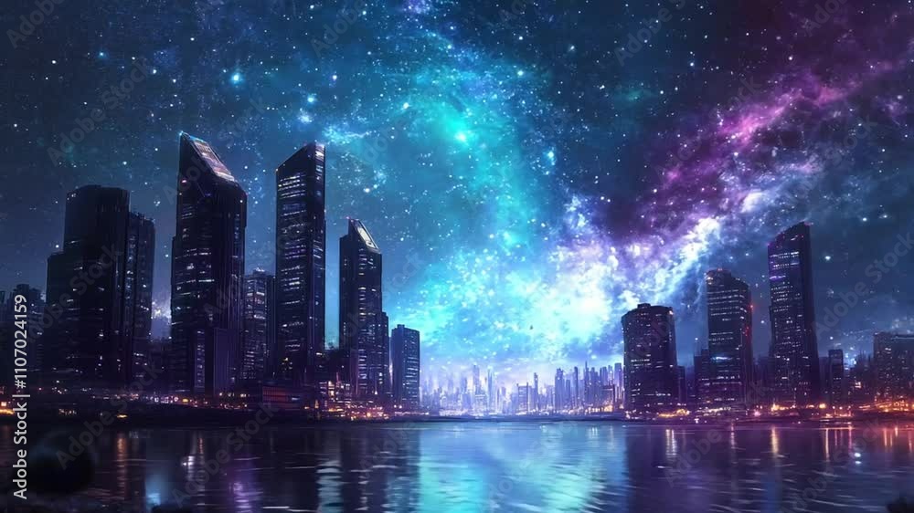 A Futuristic Cityscape Illuminated by a Vibrant Starry Night Sky A Futuristic Cityscape Illuminated by a Vibrant Starry Night Sky