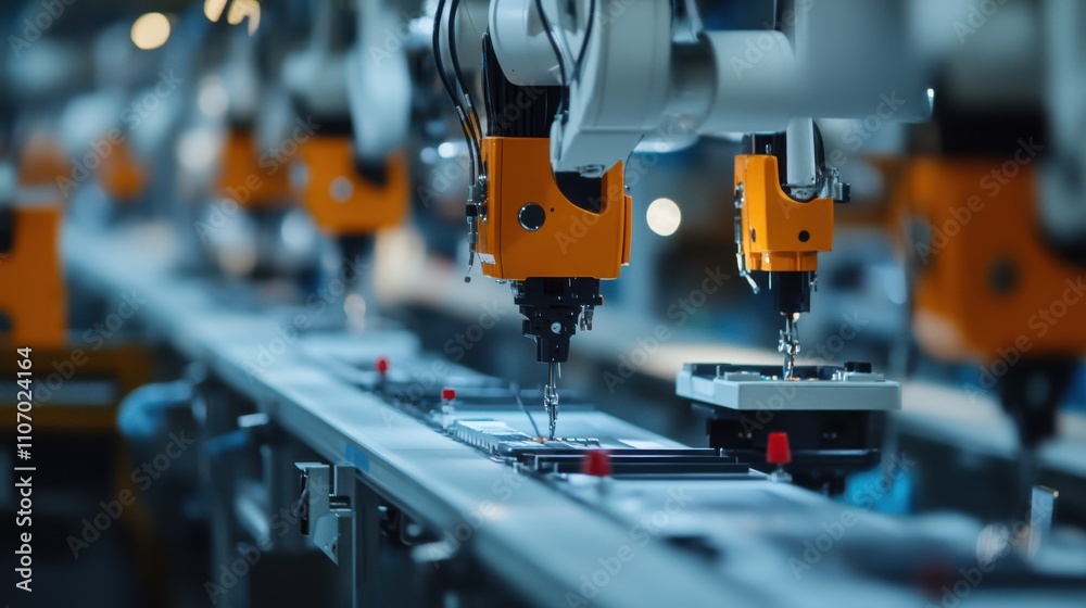 A close-up view of robotic arms in a manufacturing facility, showcasing automation and precision in an assembly line process. A close-up view of robotic arms in a manufacturing facility, showcasing automation and precision in an assembly line process.