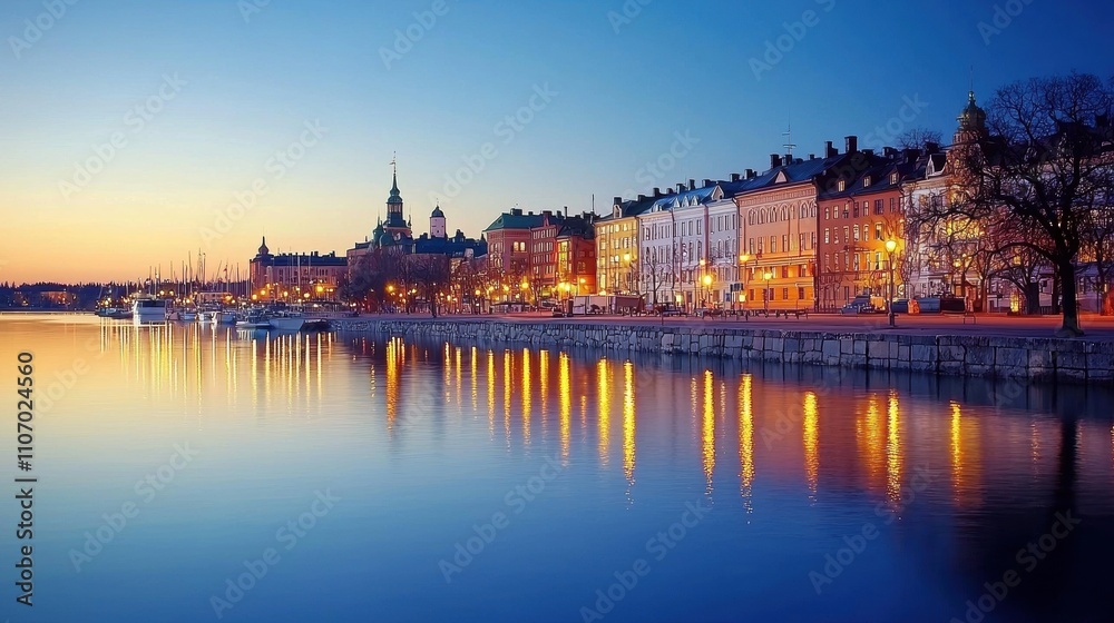 Scenic waterfront cityscape at dusk historic architecture serene environment urban lifestyle tranquil reflection Scenic waterfront cityscape at dusk historic architecture serene environment urban lifestyle tranquil reflection