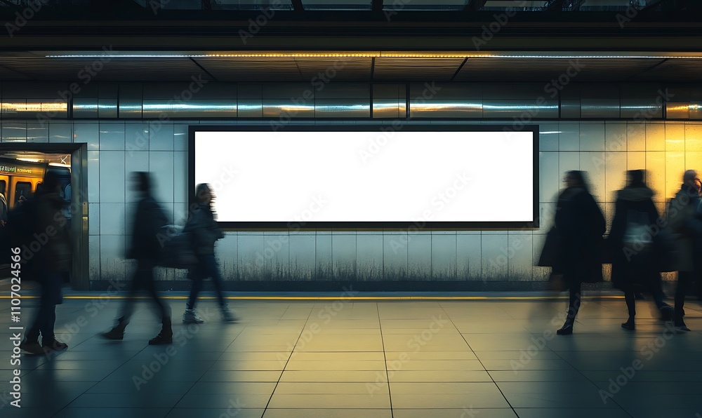 Blank Advertisement in Subway Station With People Walking