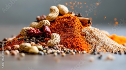 Spice blends and seasoning varieties culinary kitchen food photography warm atmosphere top-down view flavor exploration photo