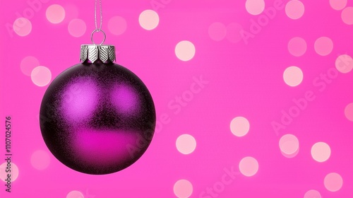 Shiny purple Christmas ornament on pink background. Christmas and New Year festive concept with copy space.