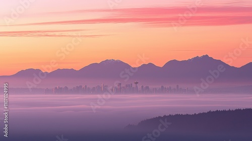 Sunrise over seattle skyline pacific northwest landscape photography misty mountains wide angle nature's serenity
