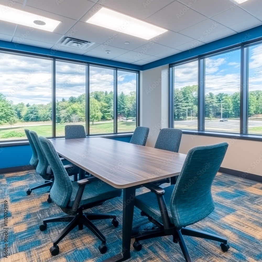 Fototapeta premium Modern office conference room with large windows, wooden table, and blue chairs.