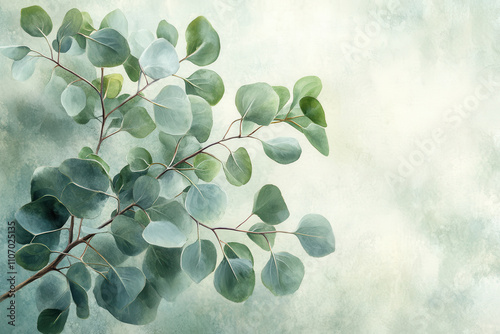 Eucalyptus leaves with soft pastel watercolor background, creating serene and natural atmosphere. delicate green hues and gentle textures evoke sense of calm and tranquility