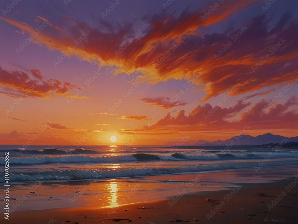 Fototapeta premium A picturesque sunset painting featuring the ocean, with warm colors creating a peaceful and inviting atmosphere.