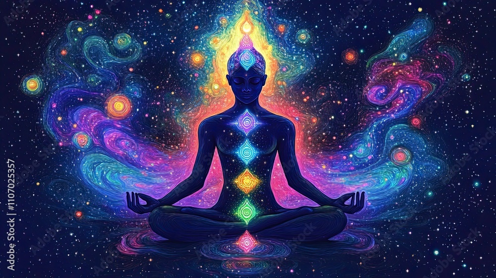 Seated Figure Meditating with Glowing Chakras in Cosmic Space Seated Figure Meditating with Glowing Chakras in Cosmic Space
