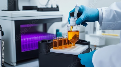 A clinical toxicologist studying toxic effects in a toxicology research laboratory, with toxicological testing equipment and toxicology research setting visible, Toxicology research style
