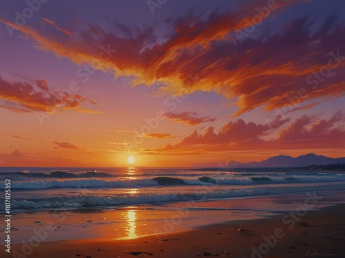 A picturesque sunset painting featuring the ocean, with warm colors creating a peaceful and inviting atmosphere.
