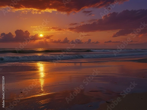 A picturesque sunset painting featuring the ocean, with warm colors creating a peaceful and inviting atmosphere.