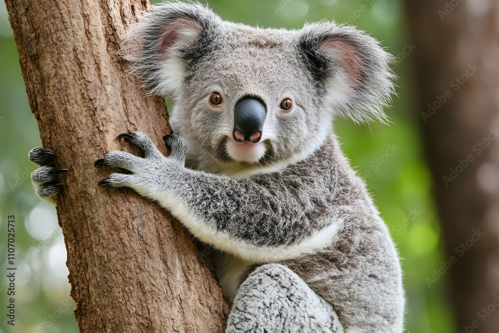 Fototapeta premium A close-up of a koala clinging to a tree trunk in a natural setting.