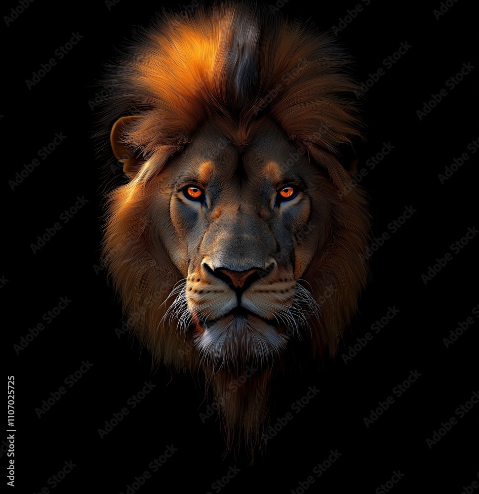 Fototapeta premium Close-up portrait of a lion's face, against a dark background