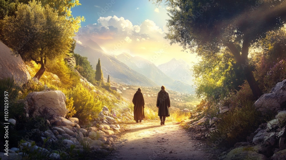 Two Disciples Walking With Jesus On The Road To Emmaus Sharing The