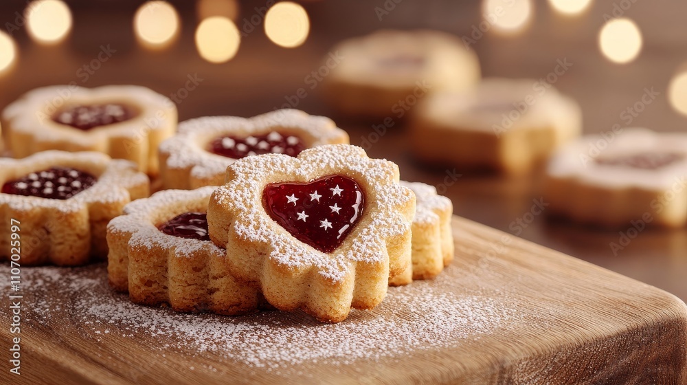 Close-up of golden linzer cookies filled with raspberry jam, heart and star-shaped cut-outs, dusted with powdered sugar, on a wooden board. linzer cookies, baking, holiday treats Close-up of golden linzer cookies filled with raspberry jam, heart and star-shaped cut-outs, dusted with powdered sugar, on a wooden board. linzer cookies, baking, holiday treats
