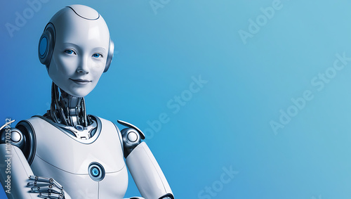 Artificial Intelligence with Folded Hands on Blue Background copy space, robot copy space background, humaniod photo