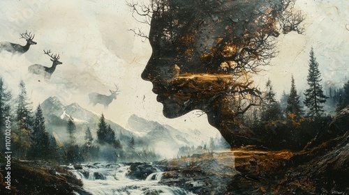 Nature-inspired artwork showcasing human connection serene landscape digital art tranquil forest abstract conceptualization