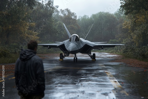 Sleek Military Jet on Rainy Airstrip with an Onlooker in the Foreground Amidst Autumn Colors and Overcast Skies, Evoking a Sense of Adventure and Mystery photo