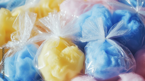 Cotton candy in package bag isolated on transparetn background. Vector realistic set of blue and yellow sugar floss clouds in clear plastic wrapper with ribbons. Sweet fluffy snack on summer fair photo