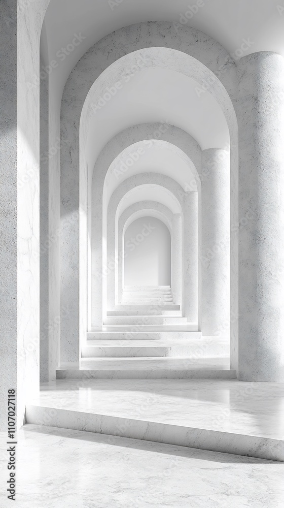 A serene corridor with arched marble structures, creating a sense of depth and tranquility.