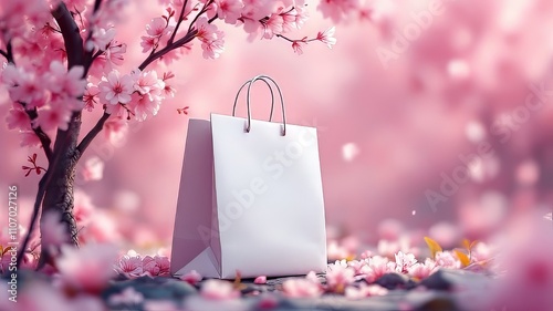 Stunning cherry blossom shopping bag sale, bokeh effect.