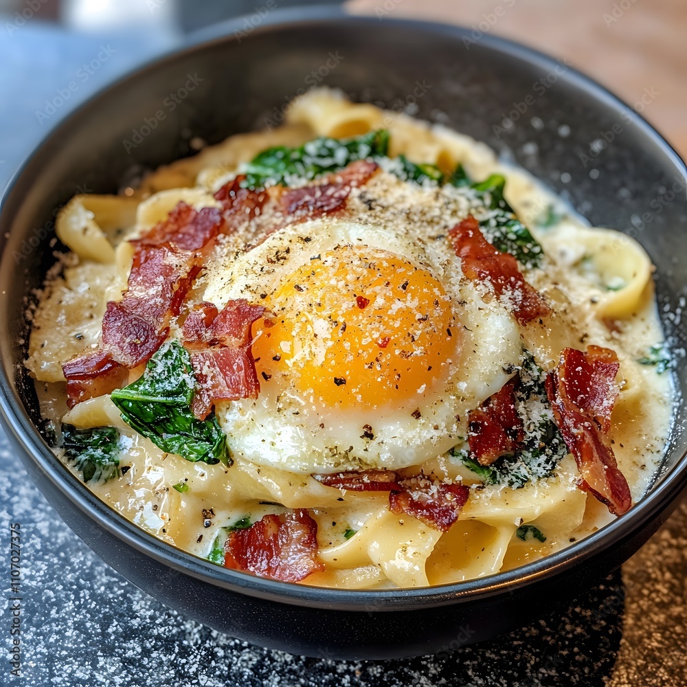 Italian pasta carbonara, with a creamy egg-based sauce and crispy pancetta. Italian pasta carbonara, with a creamy egg-based sauce and crispy pancetta.